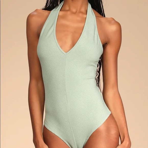 NEW Sage Green Ribbed Sleeveless Halter Bodysuit - Picture 4 of 6